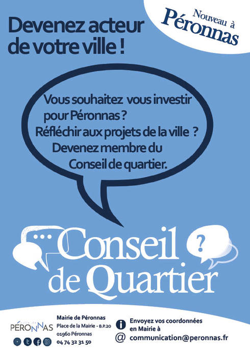 Affiche pour annoncer la création des conseils de quartier. Ils permettent aux citoyens de faire part de leurs suggestions, avis etc.